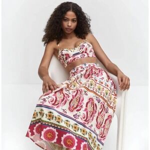 Caroline Constas Boho Linen Floral‎ Paisley Maxi Skirt Women's Small Resortwear